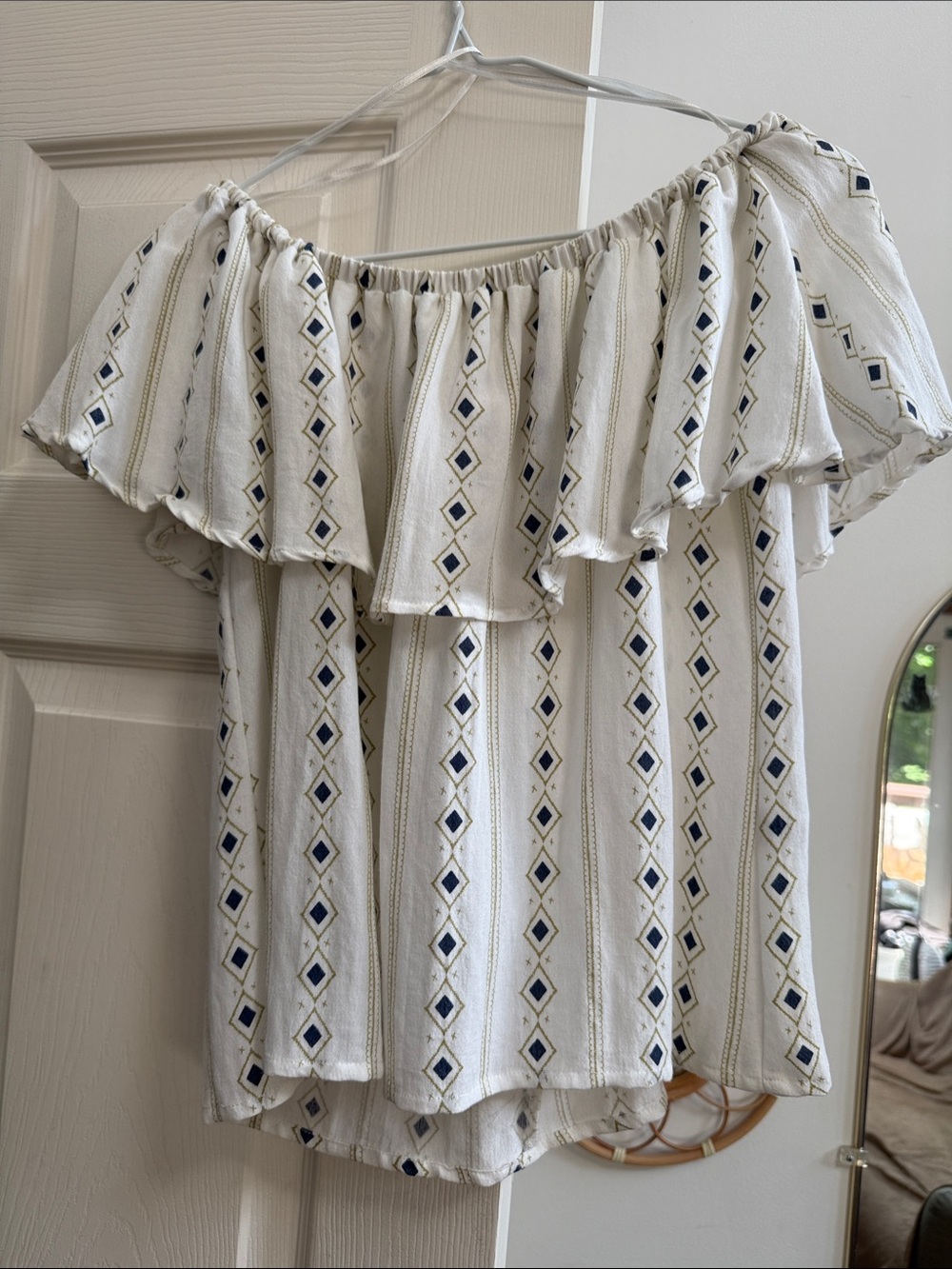 Off-Shoulder Ruffle Blouse in Cream and Navy Diamond Print